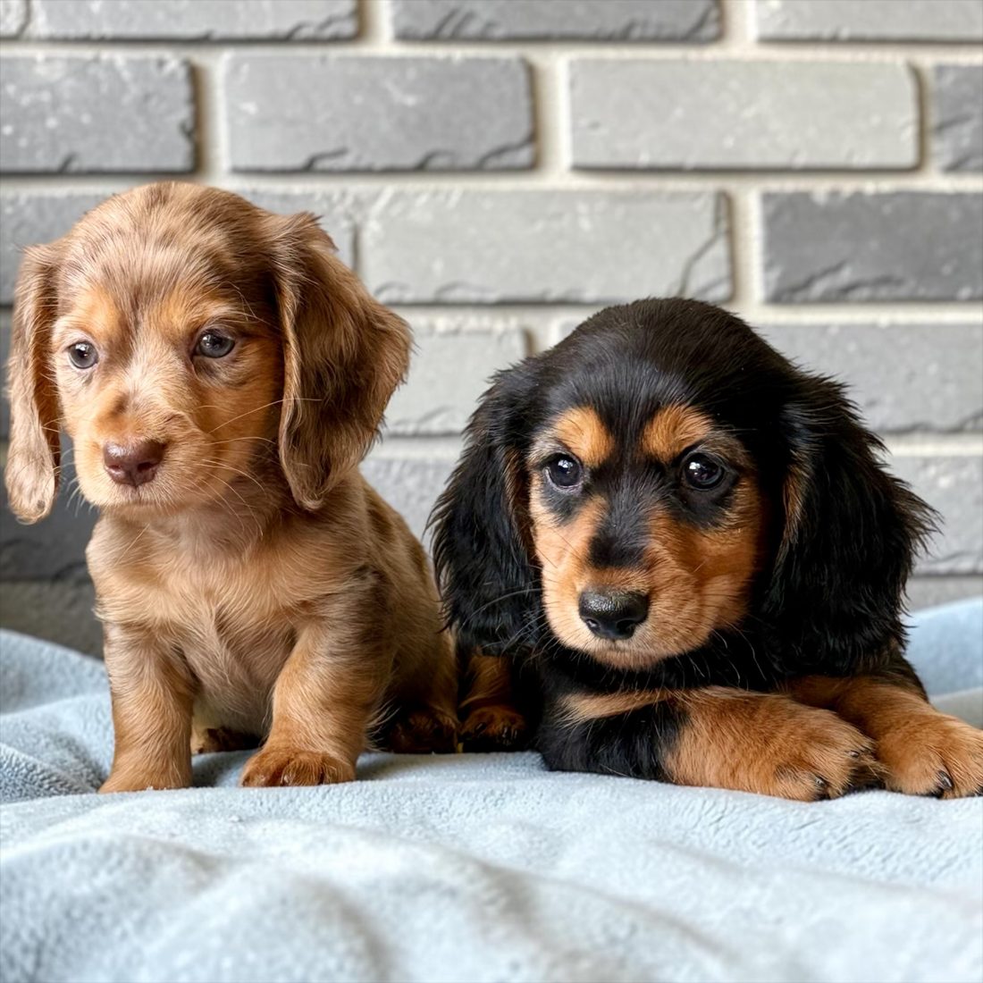 Deux chiots teckels, chocolat dapple et noir et feu